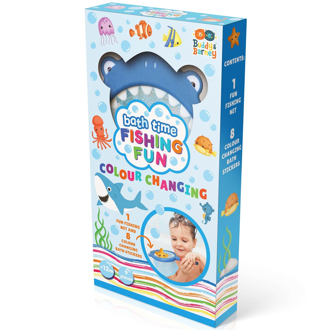 Buddy & Barney: Bath Time Fishing Fun - Color-Changing Ocean Animal Stickers & Fish Catching Net, Interactive Water & Tub Toy, Toddlers & Kids 12mo+